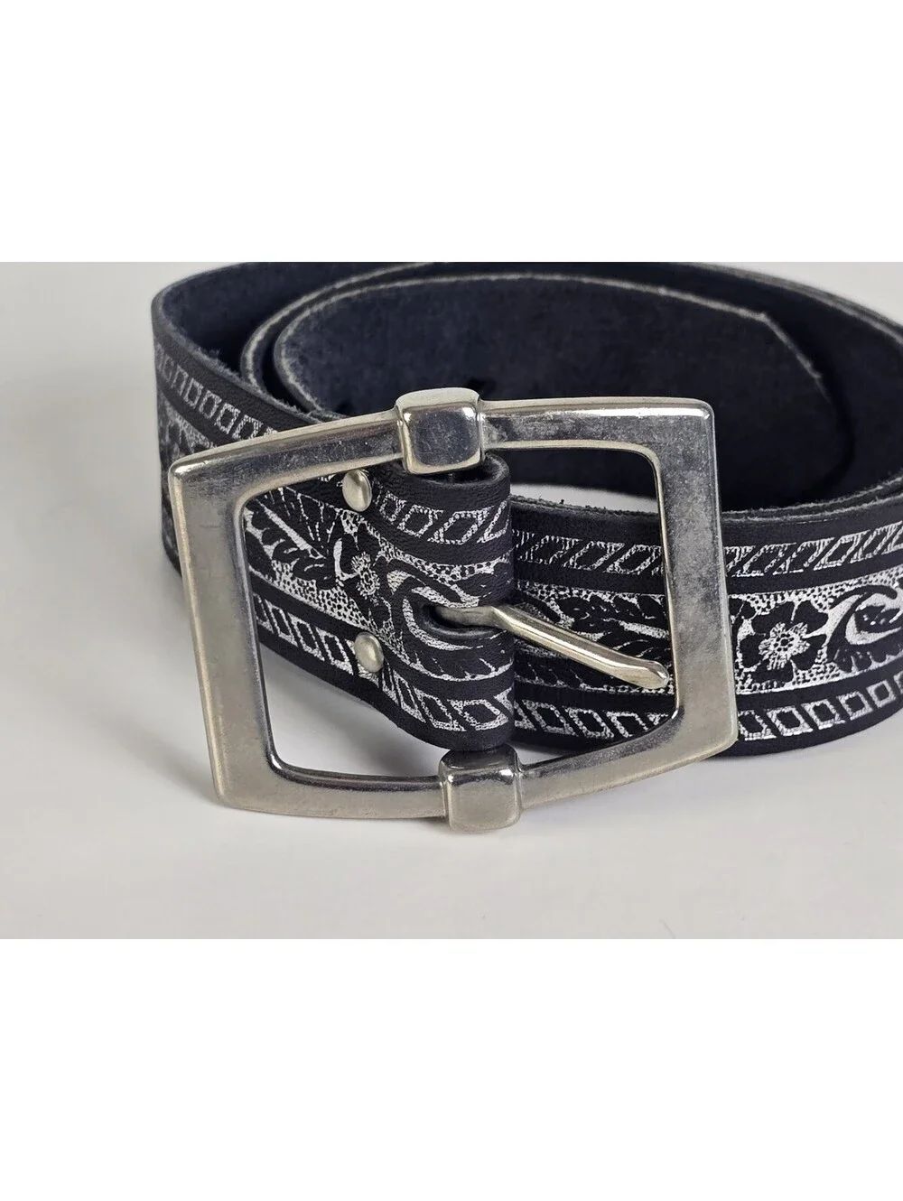 Vintage Embossed Black/Gray Leather Cowhide Belt Silver Buckle Size M 30